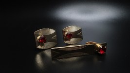 Mens Antique Vintage Gold Tone Red Stone Accent Cufflink and Tie Clip - £12.52 GBP