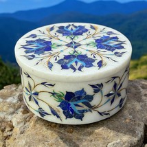 Runde weiße Marmor Schmuckschatulle Mosaik Lapis Inlay Stein &amp; Geschenk... - $194.42
