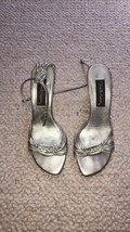 David Aaron Gold Pewter Metallic Leather Strappy Open Toe Heels Sandals 7.5 M - £7.18 GBP
