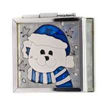 Small Stain Glass Teddy Bear Top Winter Blue Mirrored Footed Trinket Box Vintage - £9.46 GBP