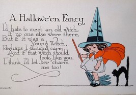 Halloween Postcard E Weaver Cute Witch Girl And Black Cat Vintage 2335 Unused - £57.76 GBP