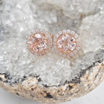 4Ct Lab-Created Morganite &amp; CZ Halo Stud Earrings in 14K Rose Gold over 925 - £55.01 GBP