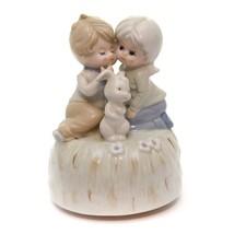 Vintage Porcelain Music Box Figurine Boy and Girl With Bunny 1973 Japan - £23.46 GBP