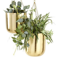 Set Of 2 Contemporary Shiny Gold Metal Hanging Dome Wall Planters With Chains - £70.35 GBP