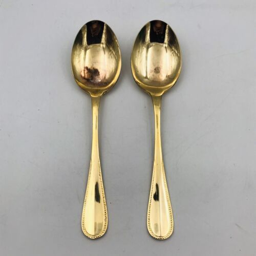 Two (2) Oxford Hall Golden Collection Serving Spoons 8 1/4" Korea Beaded Edges - $9.49