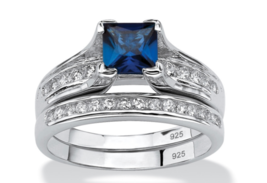 Square Blue Sapphire Cz Wedding 2 Ring Set Platinum Sterling Silver 6 7 8 9 10 - £159.49 GBP