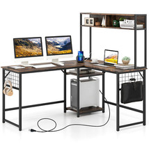 L-shaped Desk with Power Outlet Hutch-Rustic Brown - £169.09 GBP