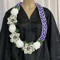 Graduation Money Lei Flower Purple &amp; White Roses Leaves Four Braided Ribbons - £59.35 GBP