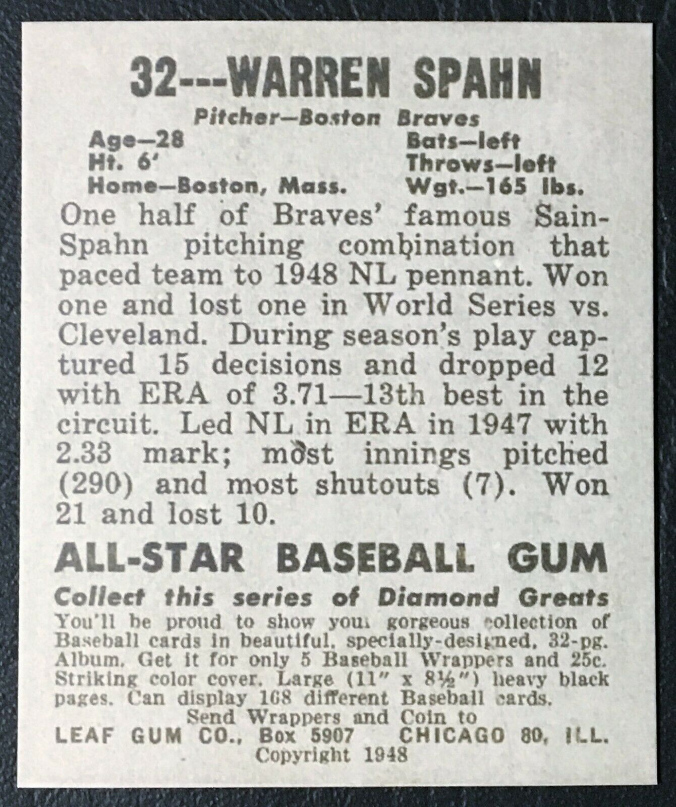 Primary image for 1948 Leaf #32 Warren Spahn Reprint - MINT - Boston Braves
