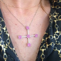 Women&#39;s Necklace Chain Box 18k White Gold Big Cross Diamonds Pink Sapphires - £1,252.30 GBP