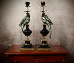 Elegant Pair Of Bronze-Mounted Porcelain Parrot Candle Holders In Sophis... - £770.61 GBP