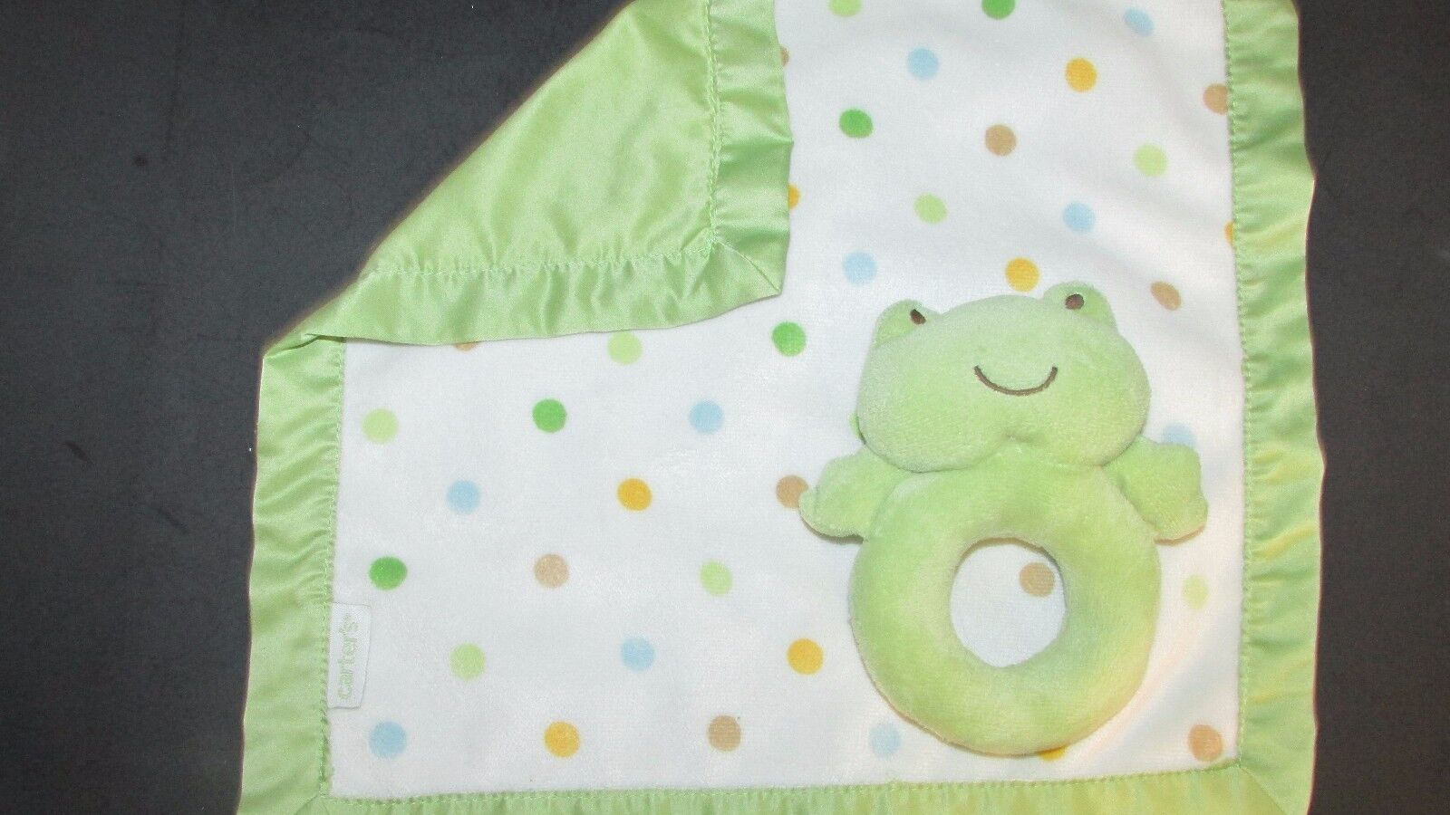 Carters White Green Blue polka dot & satin Security Blanket frog rattle set SPOT - $7.27