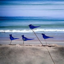 4 Cobalt Blue Miniature Glass Birds On Picks Vintage Collectible Animals - $18.58