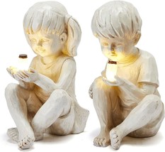 Garden Children Statues 1 Pair Jar Solar Powered Indoor Outdoor Ornament Gift - $27.54