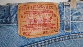 LEVI&#39;S Red Tab 505 Regular Fit Blue Jeans tag 36 x 30 Distress Natural Wear Men - £12.71 GBP