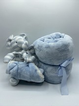 Mon Lapin Blue Elephant &amp; Baby Plush Security Stripped Blanket Sherpa Lovey 11&quot; - £25.10 GBP