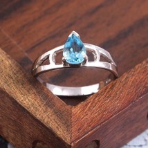Swiss Blue Topaz Ring blue topaz Solitaire ring 5x7 mm Pear Band - £32.49 GBP
