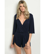 Women&#39;s Navy Blue Boho V-Neck Surplice Romper - $22.00