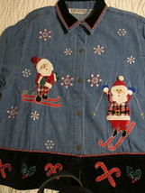 Dressbarn Denim Velvet Embroidered Holiday Xmas Santa Ski Candy Cane Shi... - $94.99