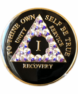 1 Year AA Medallion Amethyst Swarovski Crystal Black Tri-Plate Sobriety ... - $22.99