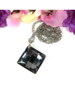 BIG BOLD BLACK GLASS 2&quot; Pendant Vintage NECKLACE Faceted Silvered Silver... - $21.77