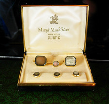Wedding set VIntage Macys Original Box Cufflinks swank button studs abalone gold - £137.32 GBP