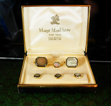 Wedding set VIntage Macys Original Box Cufflinks swank button studs abalone gold - £139.71 GBP