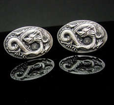 Vintage Dragon Cufflinks Silver Oriental Asian Victorian black enamel raised rel - £138.26 GBP
