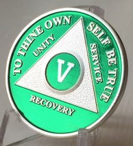 Green &amp; Silver Plated 5 Year AA Chip Alcoholics Anonymous Medallion Coin... - £13.57 GBP