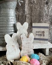 4 Pcs White Bunny Tiered Tray Rustic Wood With Hello Peeps Mini Sign #MNHS - $21.98