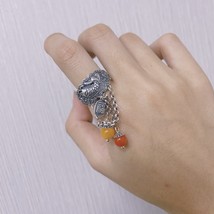 Retro Ethnic 925 Silver Lotus Fish Tassel Rings Women Chinese Style Beeswax Red  - £40.31 GBP