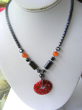 HEMATITE MAGNETIC NECKLACE WITH CARNELIAN STONES AND A LAMPWORKED DONUT ... - $8.90