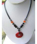 HEMATITE MAGNETIC NECKLACE WITH CARNELIAN STONES AND A LAMPWORKED DONUT ... - £7.00 GBP