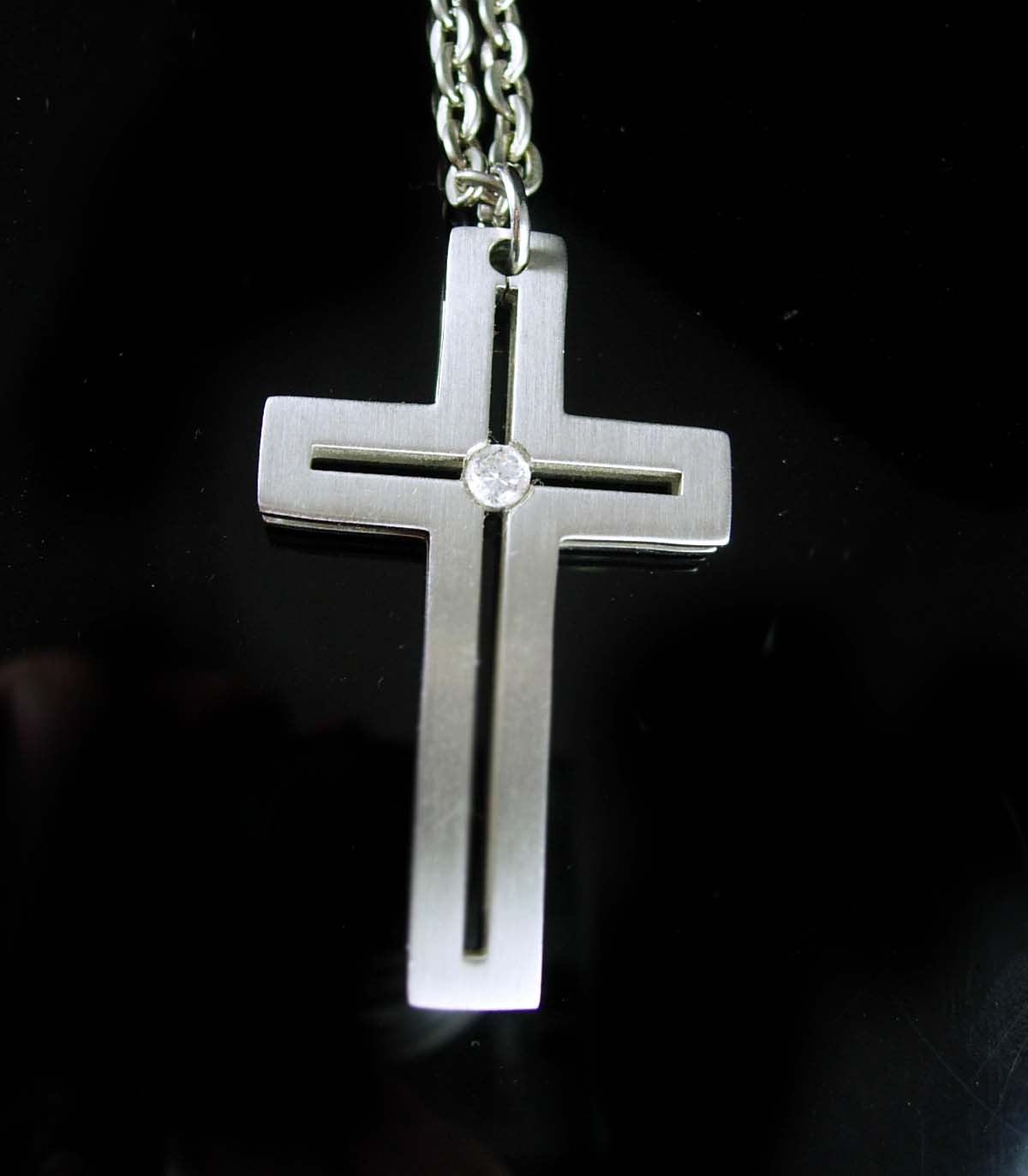 Vintage Modernist Cross Mens 2"pendant and 24" silver chain 2 sided CZ Religious - $85.00