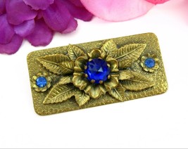 Cobalt Blue Rhinestone Brass Brooch Vintage Pin Flower Floral Tube Hinge - £16.57 GBP