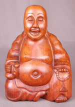 Wooden Buddha Statue, Hand Carved-8.8&quot; tall-Sitting Smiling - $107.16
