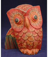 Owl Statue-Hand Carved Wood Sculpture-Red Feathers-Wide Eyes-Folk Art-Ou... - £74.18 GBP