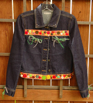 Rubbish Jean Jacket-Dark Blue-Ribbons Buttons Rhinestones Bows-Women&#39;s- - $25.03