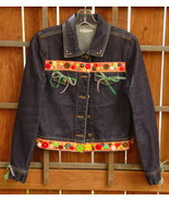 Rubbish Jean Jacket-Dark Blue-Ribbons Buttons Rhinestones Bows-Women&#39;s- - $34.23 CAD