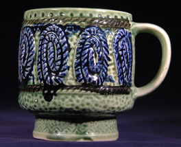 Ceramic Coffee Mug, Blue Rope Spirals w/ Green, Japan - $22.15