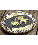 Rodeo Thophy Belt Buckle-Blank-Black &amp; Gold-Calf Roping-Lasso-Cowboy Wes... - $23.23