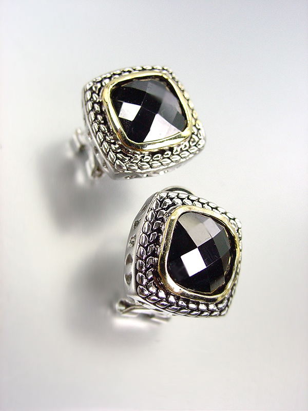 EXQUISITE Balinese Silver Wheat Cable Gold Black Onyx CZ Crystal Square Earrings - $25.99