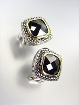 EXQUISITE Balinese Silver Wheat Cable Gold Black Onyx CZ Crystal Square Earrings - £20.53 GBP
