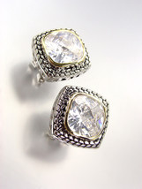 EXQUISITE Balinese Silver Wheat Cable Gold Clear Quartz CZ Crystal Square Earrin - $25.99