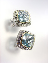 EXQUISITE Balinese Silver Wheat Cable Light Blue Topaz CZ Crystal Square Earring - £20.90 GBP