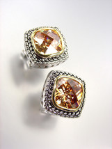 EXQUISITE Balinese Silver Wheat Cable Gold Brown Topaz CZ Crystal Square Earring - £20.77 GBP