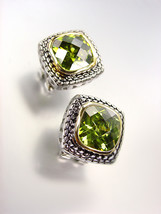 EXQUISITE Balinese Silver Wheat Cable Gold Olive Green CZ Crystal Square Earring - £20.77 GBP