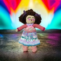 DIY Crochet Amigurumi Girl Doll Brown Hair Colorful Dress Handmade New - £20.33 GBP