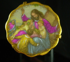 LIMOGES Antique Plate Miniature Jesus  Children religious brass Stand FRANCE Han - £44.23 GBP