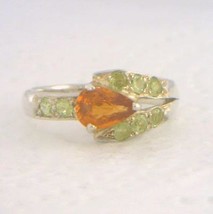 Spessartite Orange Garnet Pear with Green Peridot Ladies Cocktail Ring size 6.5 - £67.79 GBP